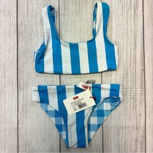 SOLID & STRIPED Blue and White Kids Swim Bikini